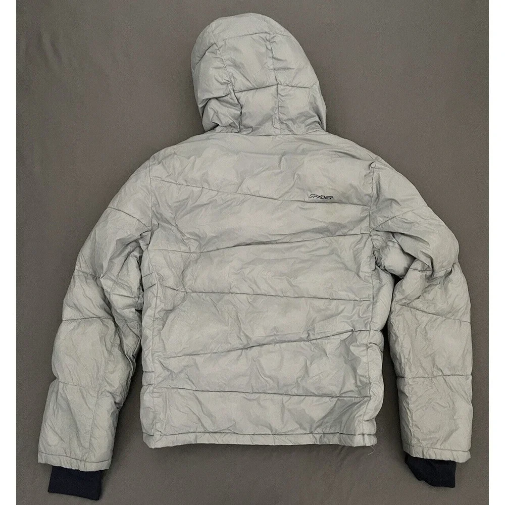 Spyder Puffer Hooded Jacket Boys Large 14/16 Gray Thermaweb Nylon Thumb Holes